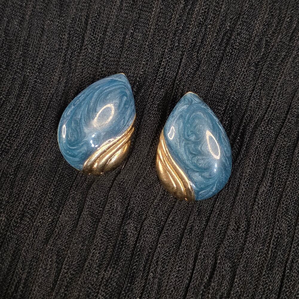 Vintage Blue Marbled Teardrop Earrings Gold Tone Pierced Statement